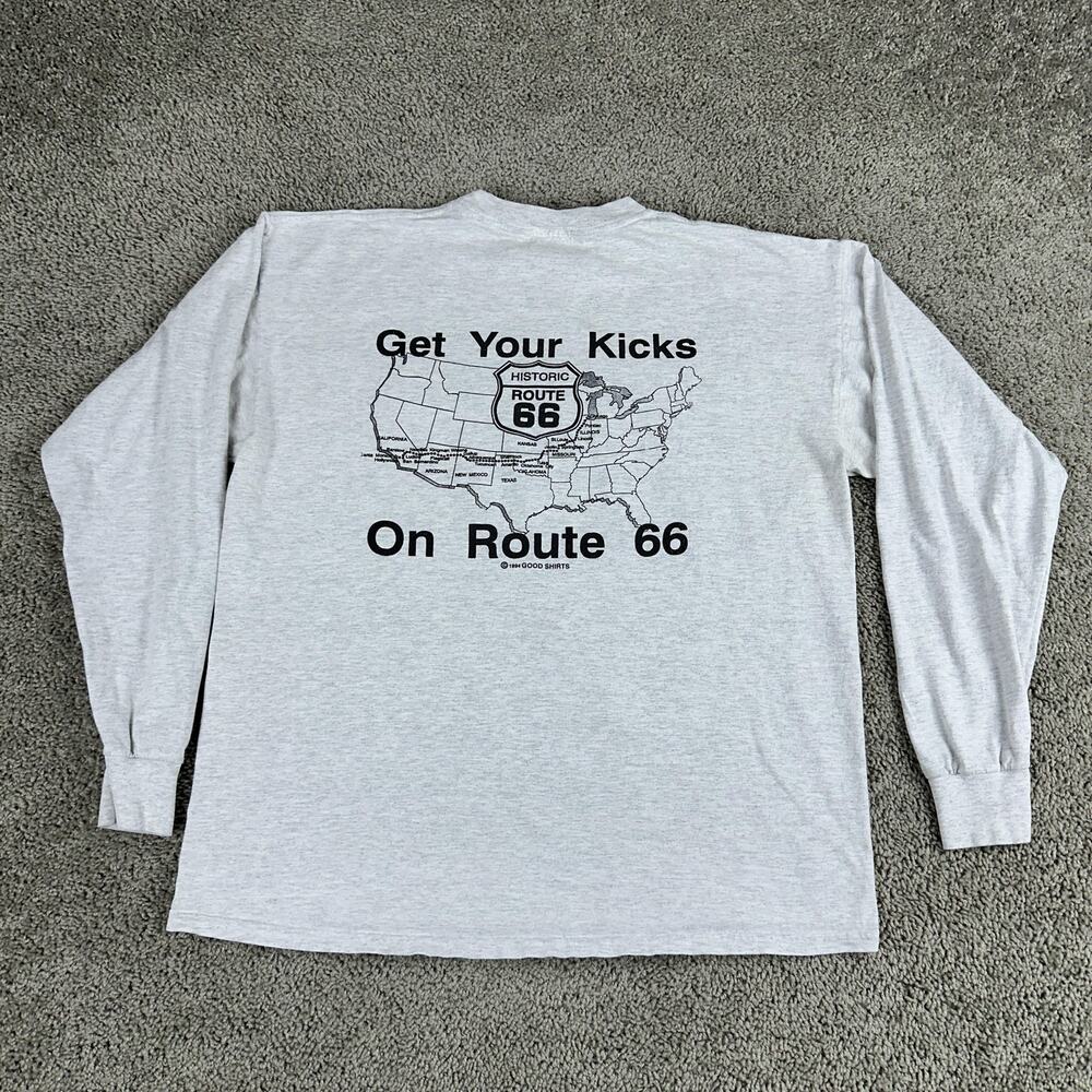Vintage Route 66 Shirt Mens XL Gray Long Sleeve Made USA Get Your Kicks 90s